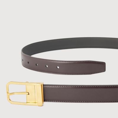 REVERSIBLE FINE GRAIN PRINTED LEATHER BELT WITH OLD GOLD IN ANTIQUE FINISH STAINLESS STEEL NEEDLE BUCKLE