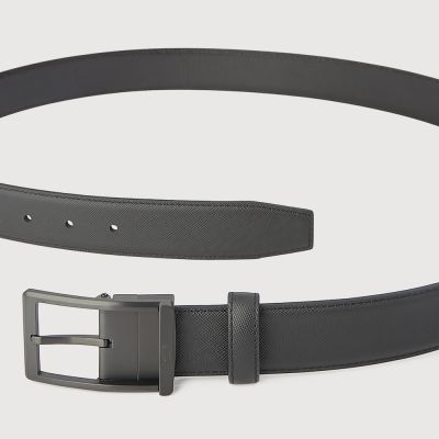 REVERSIBLE FINE GRAIN PRINTED LEATHER BELT WITH BLACK IN SATIN FINISH STAINLESS STEEL NEEDLE BUCKLE 